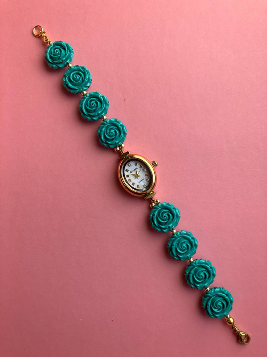 Gold Flower Watch with Green Gemstone Roses
