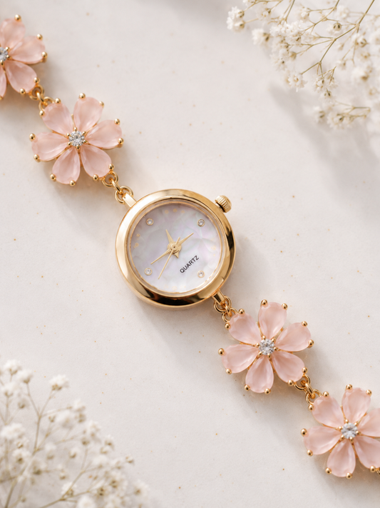 Gold Flower Watch with Pink Stones