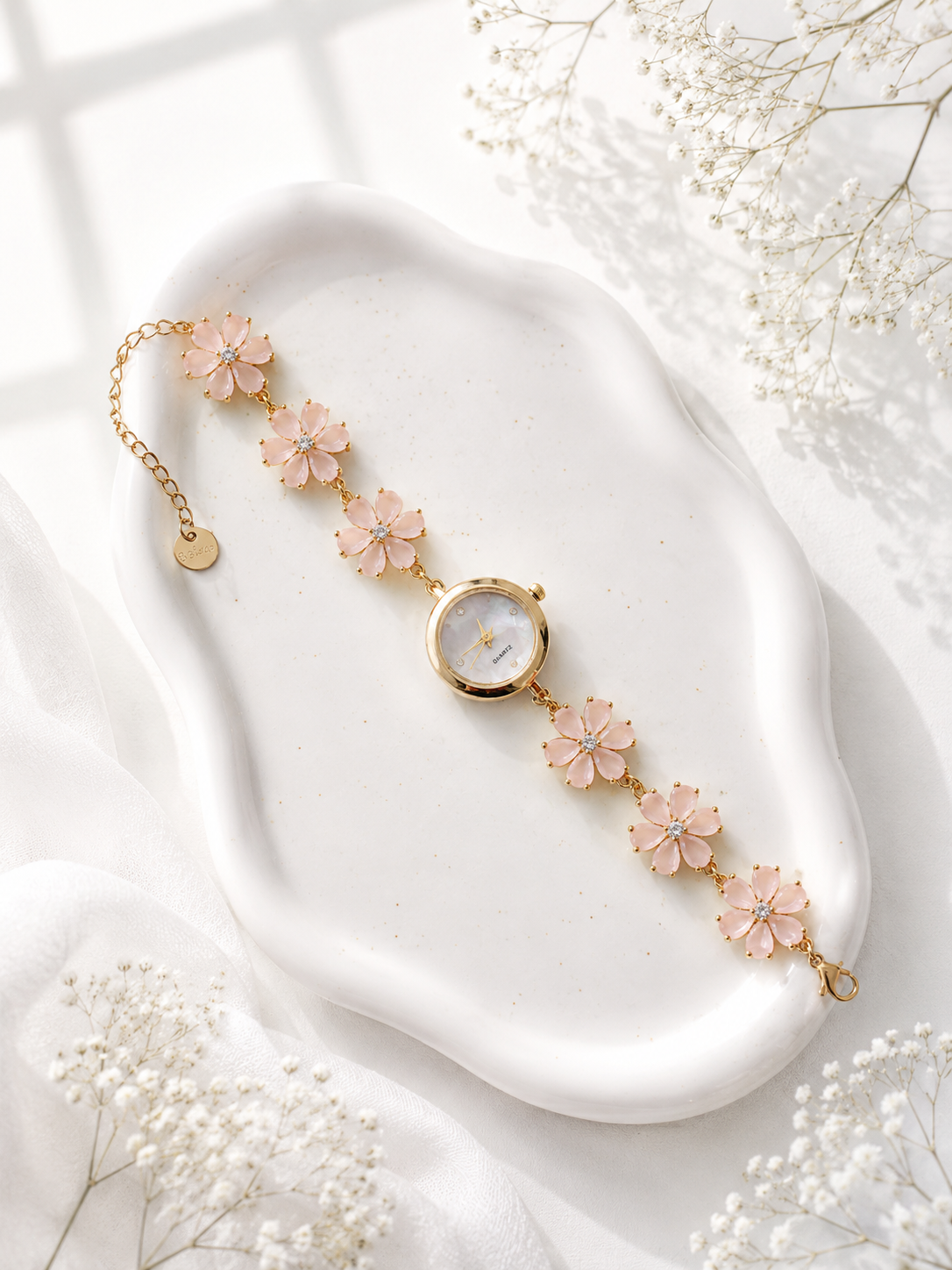 Gold Flower Watch with Pink Stones