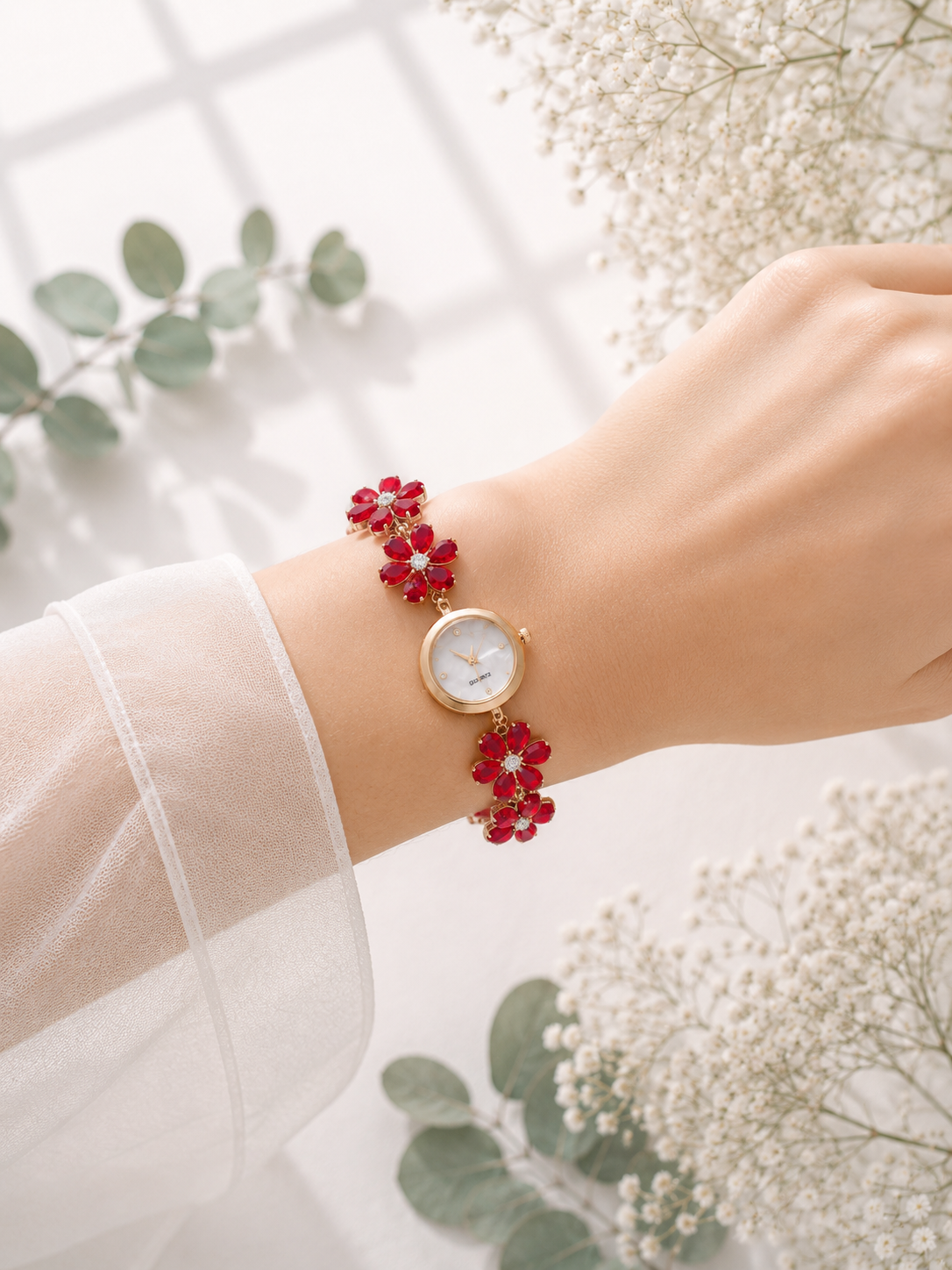 Gold Flower Watch with Red Stones