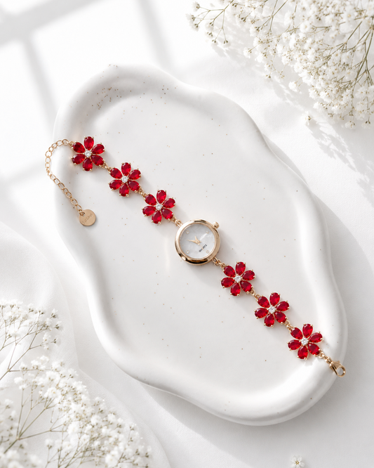 Gold Flower Watch with Red Stones