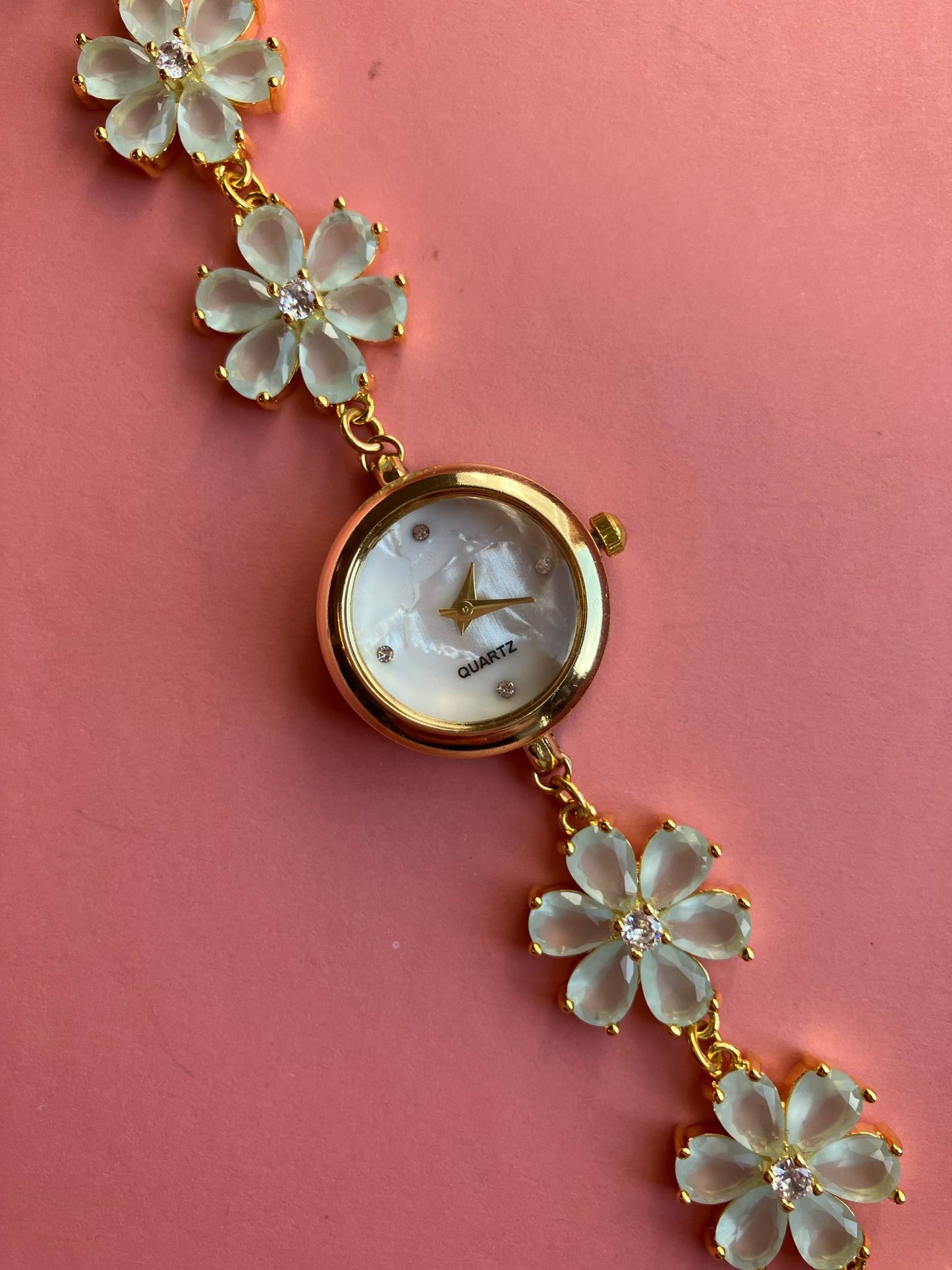 Gold Flower Watch with Mint Green Stones