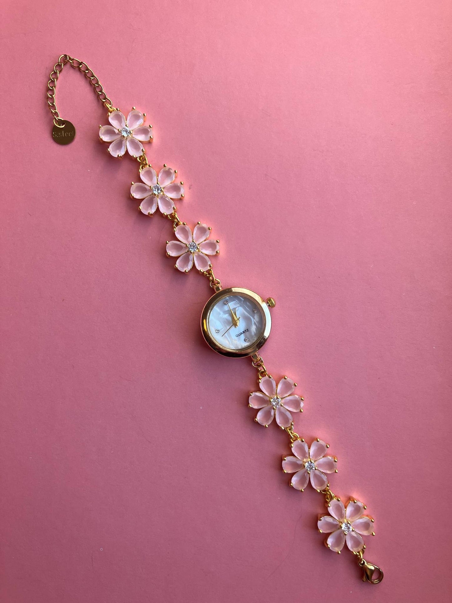 Gold Flower Watch with Pink Stones