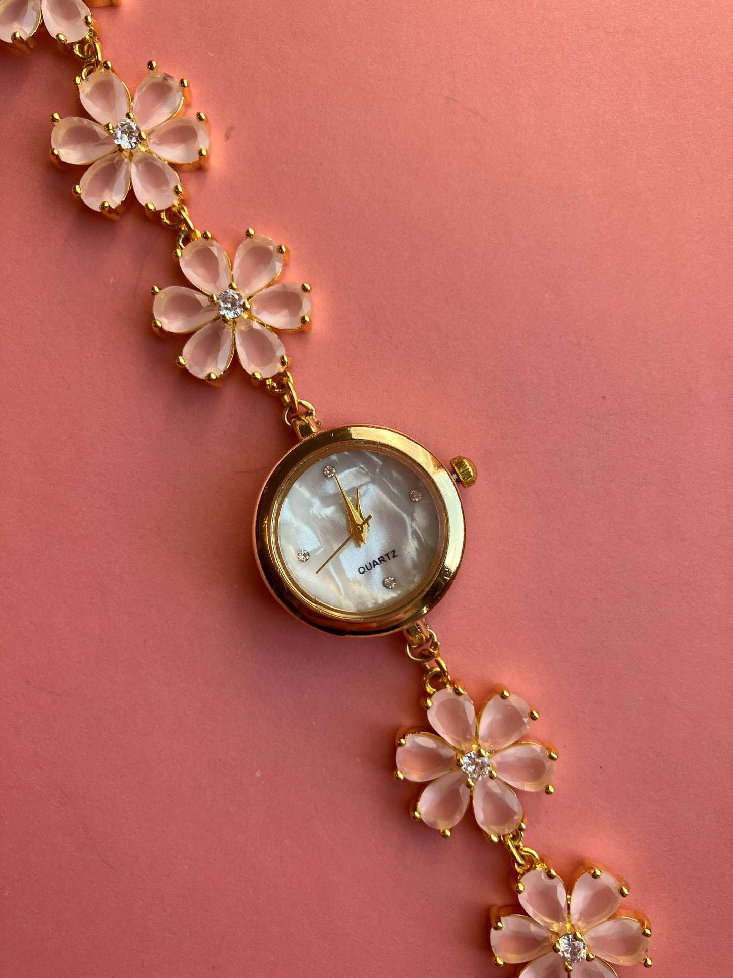 Gold Flower Watch with Pink Stones