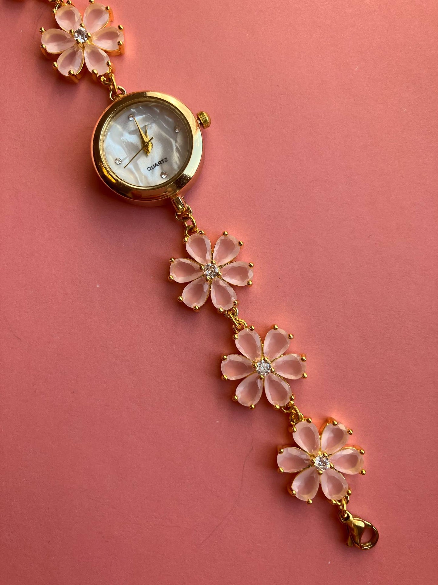Gold Flower Watch with Pink Stones