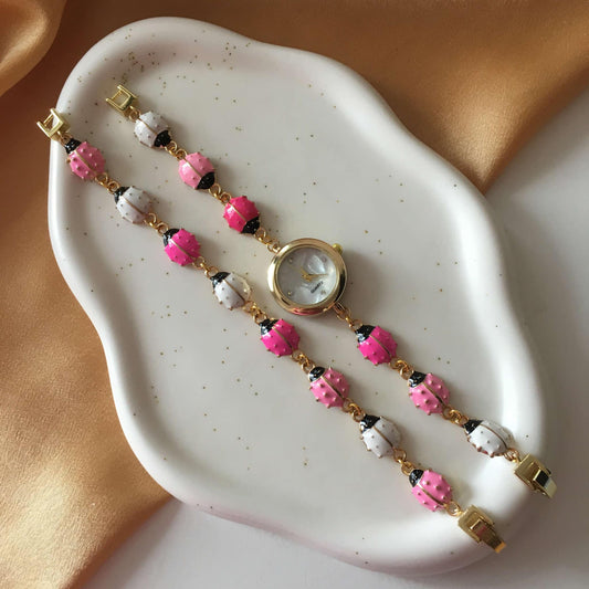 Gold - Ladybug Watch with Matching Bracelet - Pink