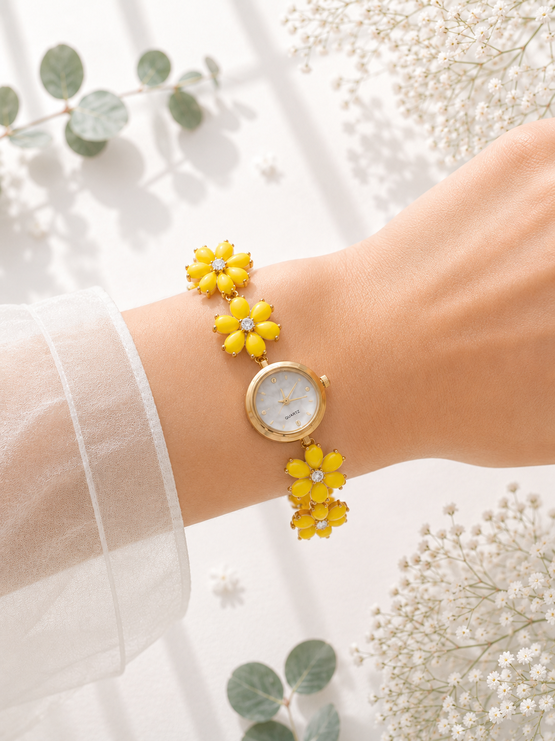 Gold Flower Watch with Yellow Stones