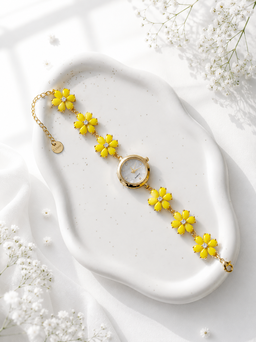 Gold Flower Watch with Yellow Stones