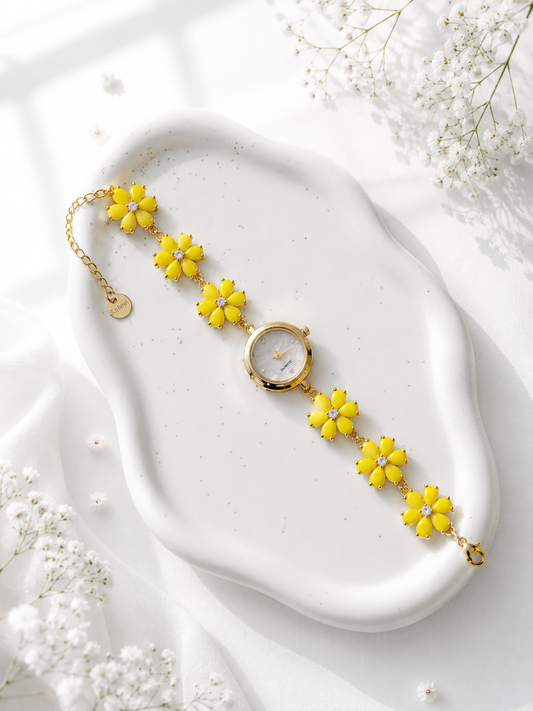Gold Flower Watch with Yellow Stones