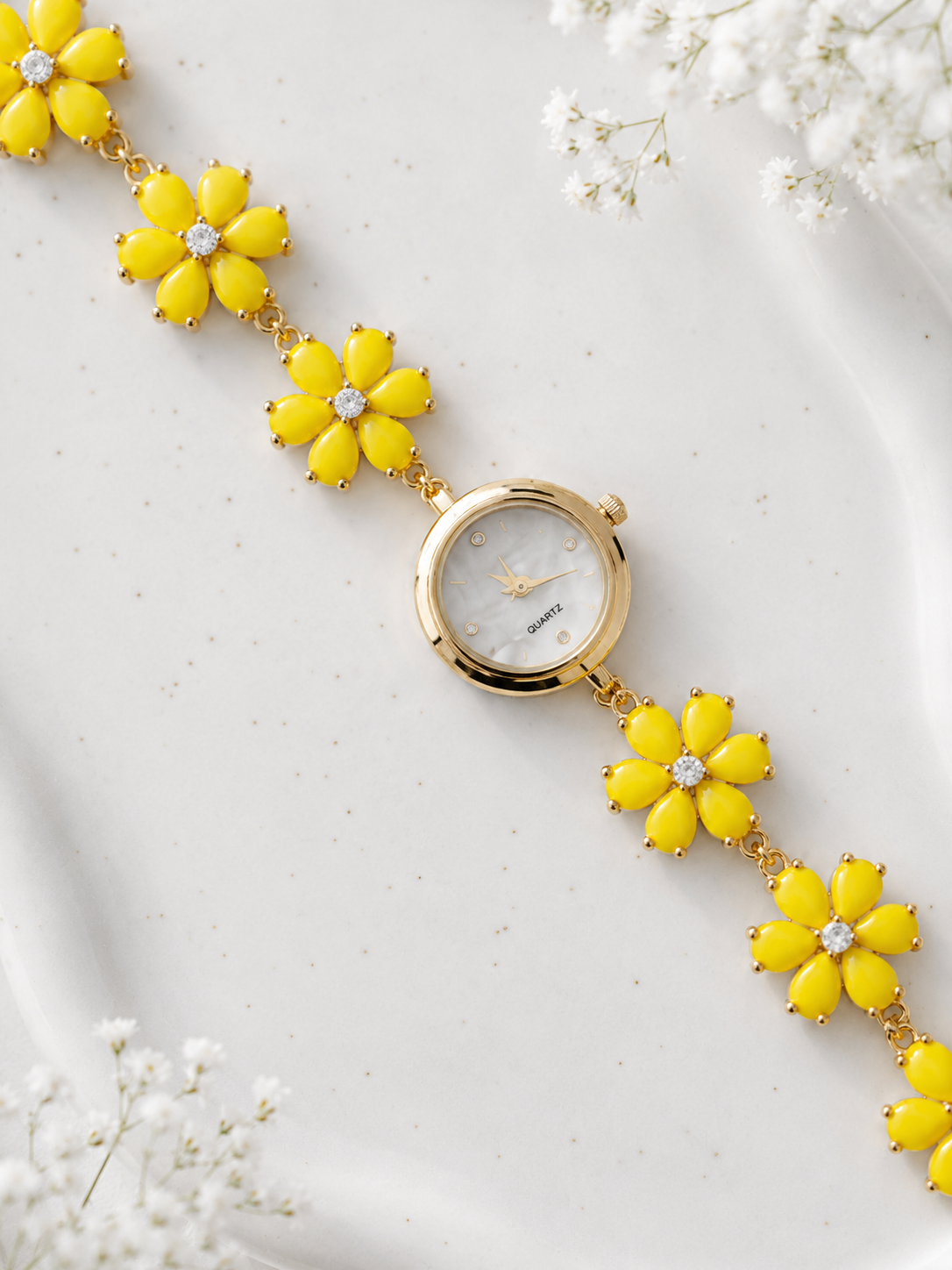 Gold Flower Watch with Yellow Stones