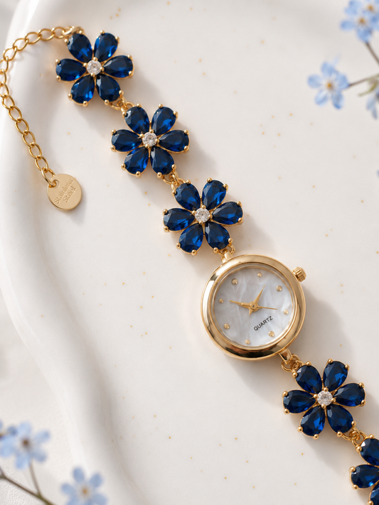 Gold Flower Watch with Dark Blue Stones