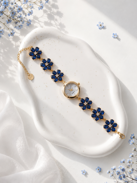Gold Flower Watch with Dark Blue Stones