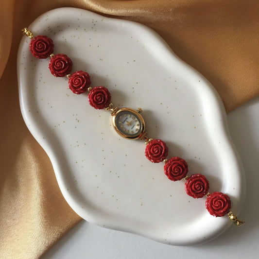 Gold Flower Watch with Red Gemstone Roses