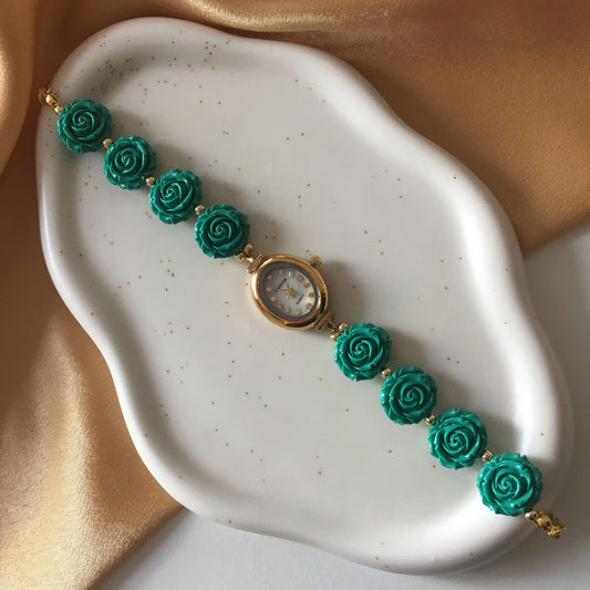 Gold Flower Watch with Green Gemstone Roses