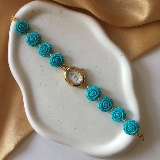 Gold Flower Watch with Blue Gemstone Roses
