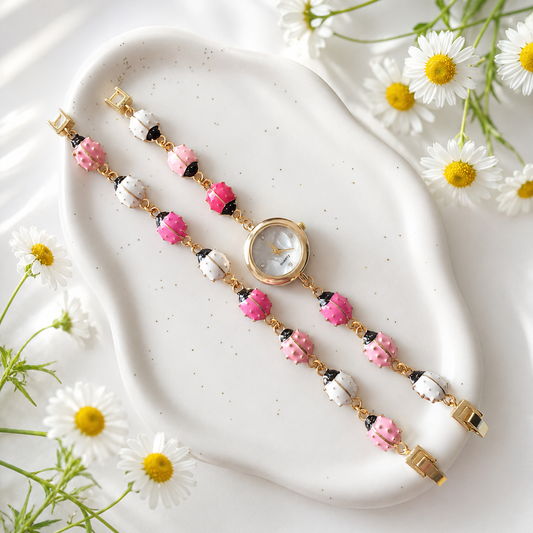 Gold - Ladybug Watch with Matching Bracelet - Pink