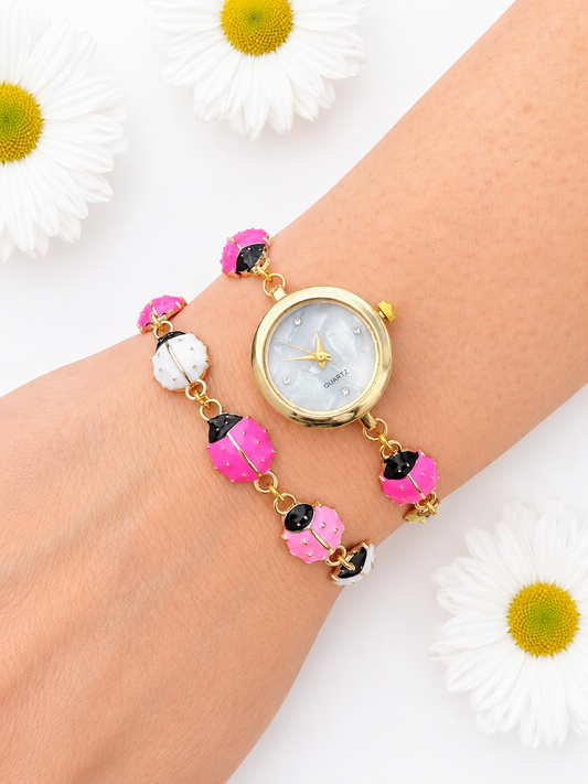 Gold - Ladybug Watch with Matching Bracelet - Pink