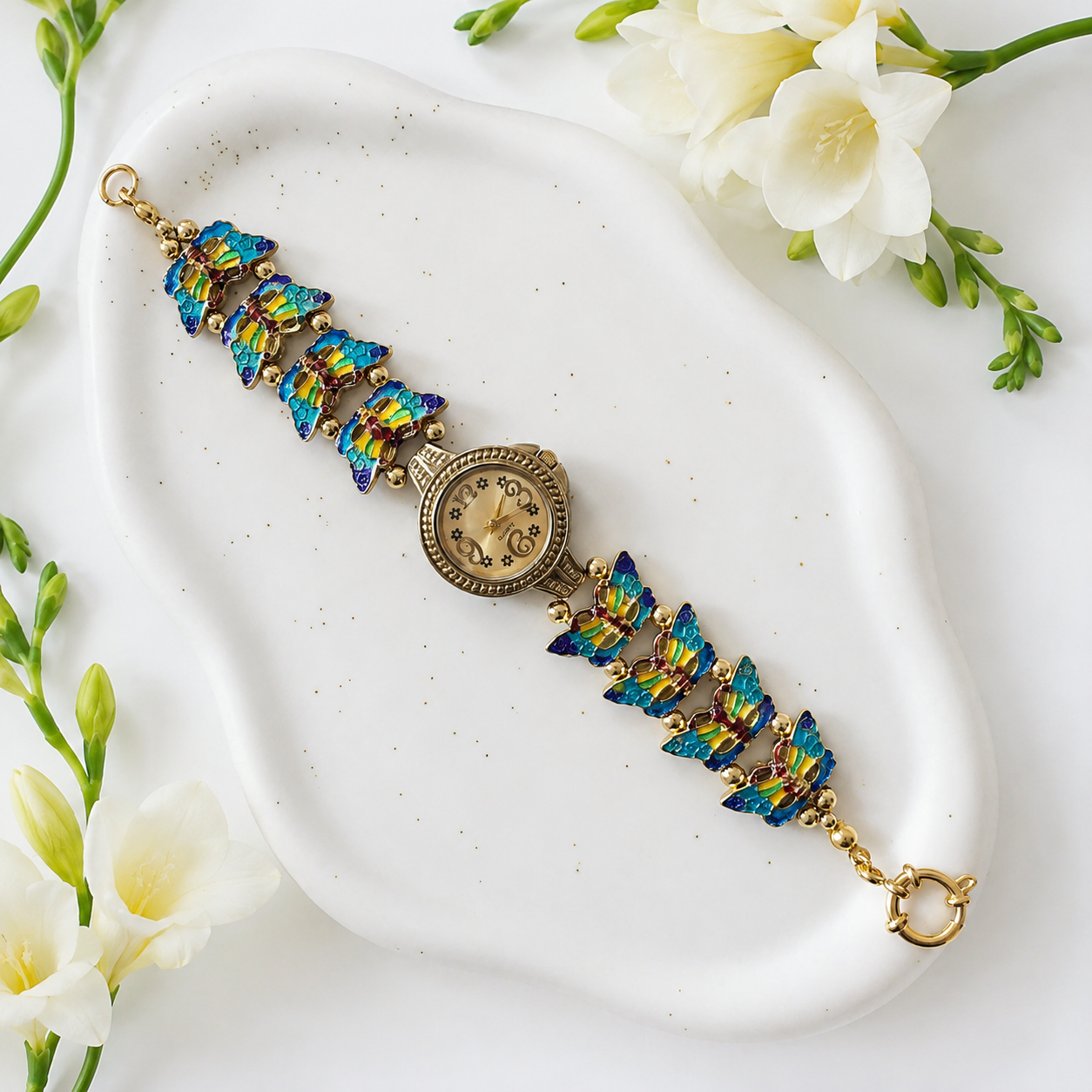 Gold Flower Watch with Butterfly Charm
