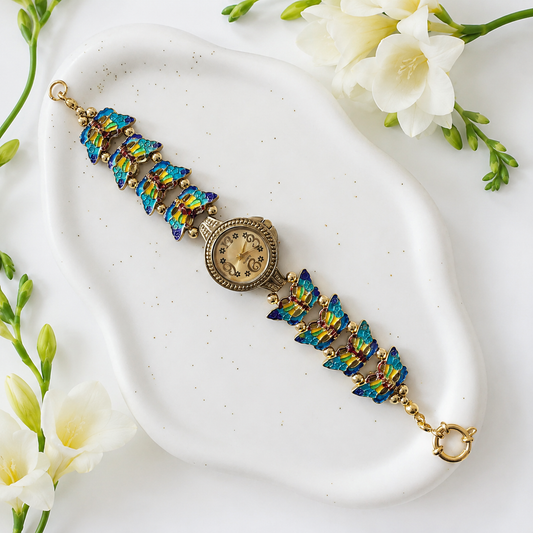 Gold Flower Watch with Butterfly Charm