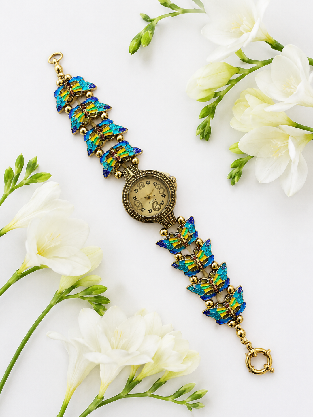Gold Flower Watch with Butterfly Charm