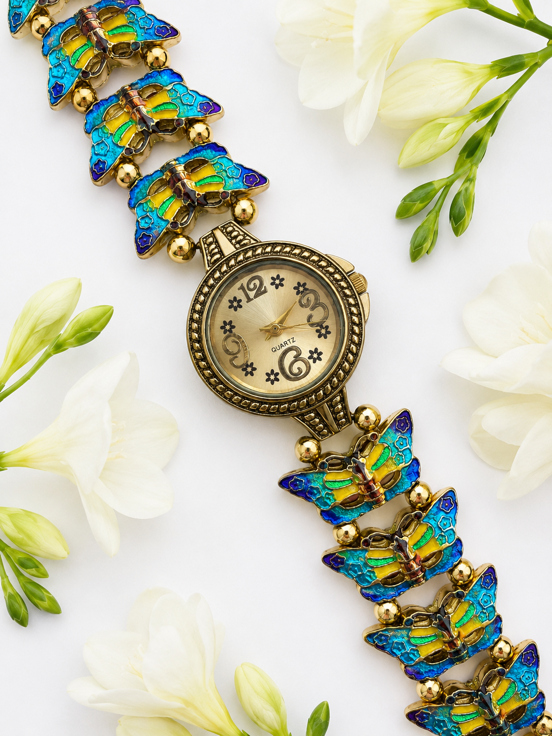 Gold Flower Watch with Butterfly Charm