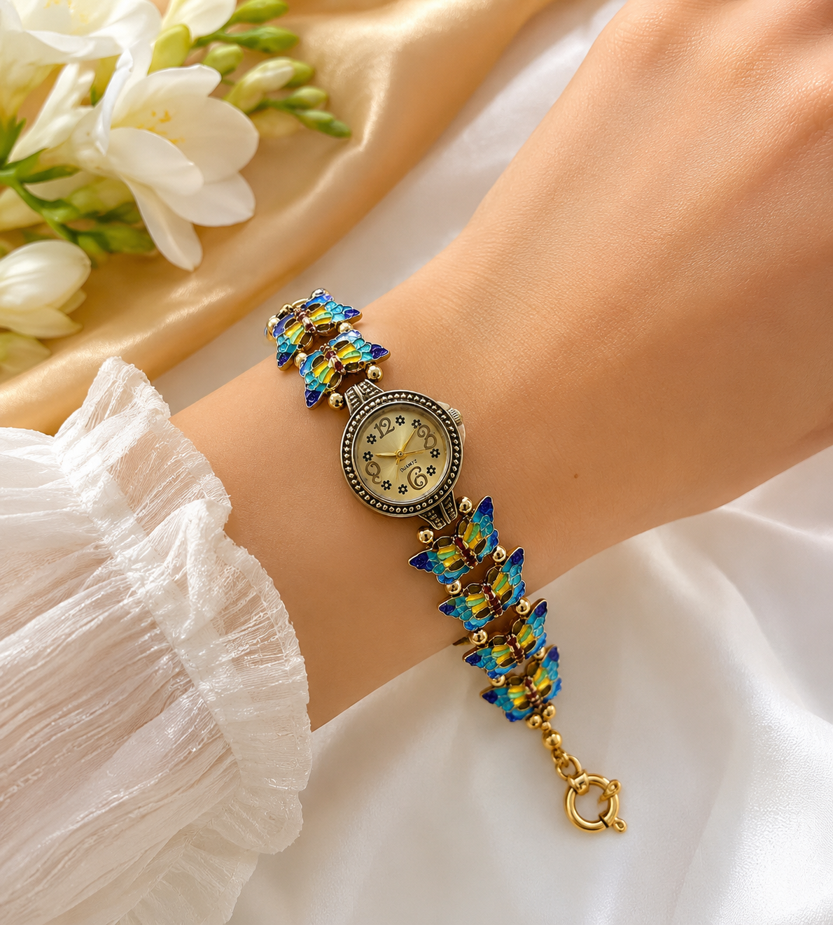 Gold Flower Watch with Butterfly Charm