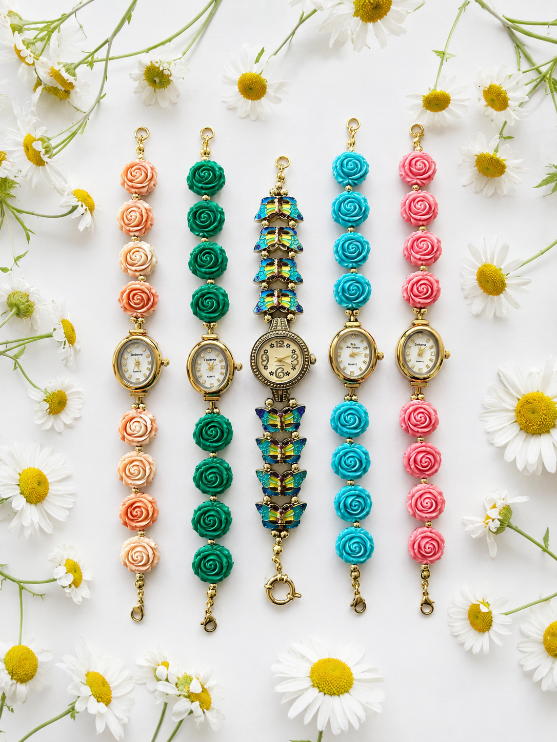 Gold Flower Watch with Butterfly Charm
