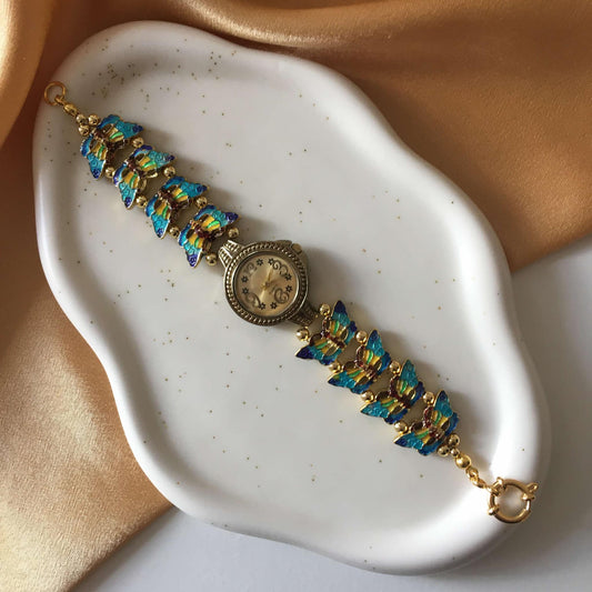 Gold Flower Watch with Butterfly Charm