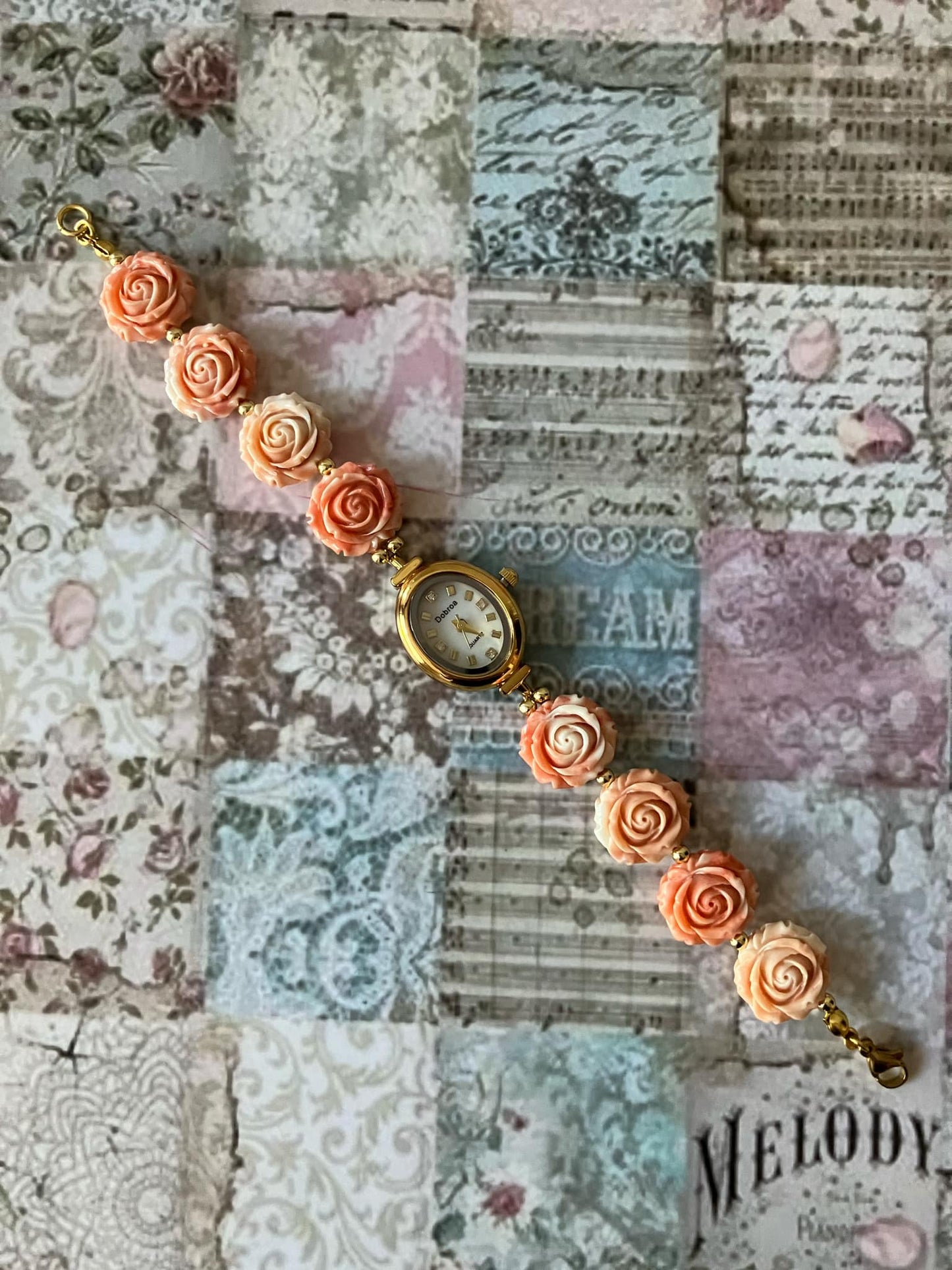 Gold Flower Watch with Coral Gemstone Roses